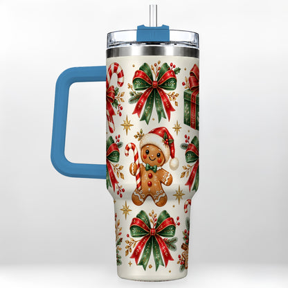 #pl[40oz|Blue] Christmas Bow 40oz Tumbler with Handle, Gingerbread Holiday Pattern