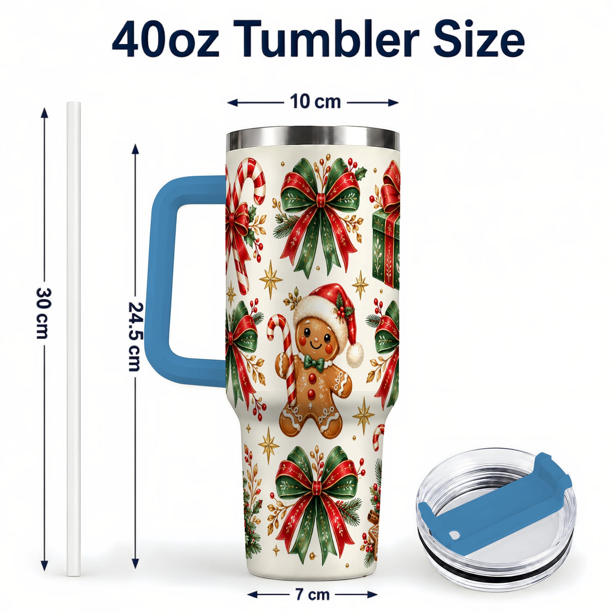 #pl[40oz|Blue] Christmas Bow 40oz Tumbler with Handle, Gingerbread Holiday Pattern