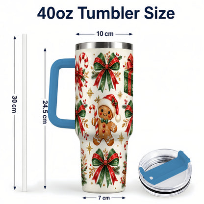 #pl[40oz|Blue] Christmas Bow 40oz Tumbler with Handle, Gingerbread Holiday Pattern