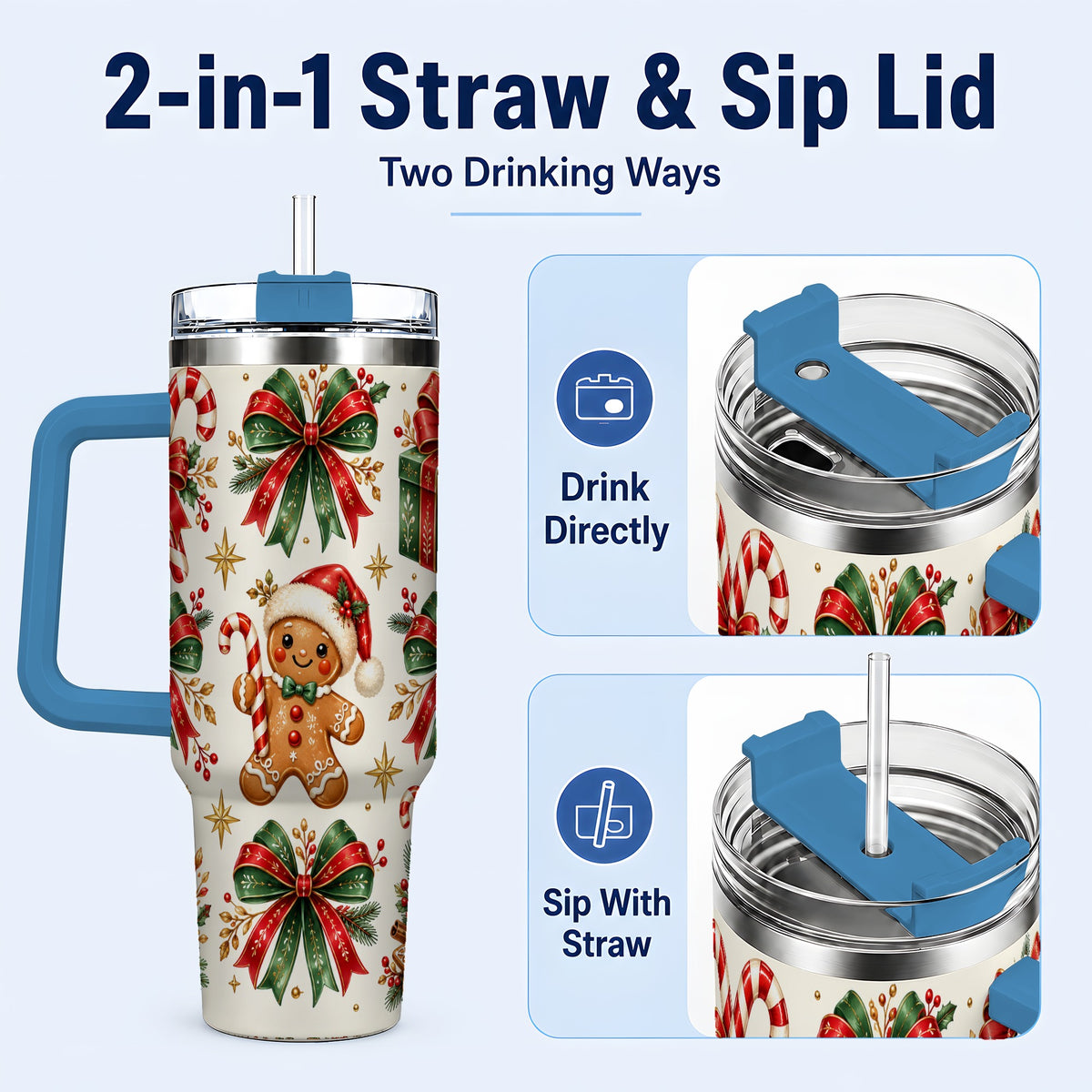 #pl[40oz|Blue] Christmas Bow 40oz Tumbler with Handle, Gingerbread Holiday Pattern