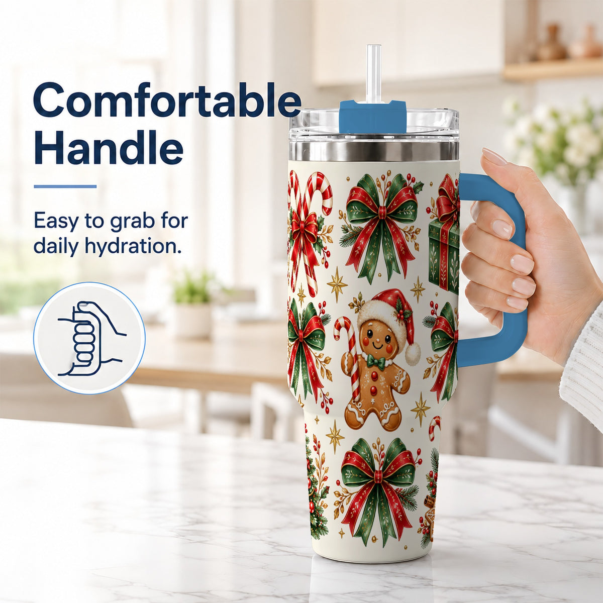#pl[40oz|Blue] Christmas Bow 40oz Tumbler with Handle, Gingerbread Holiday Pattern