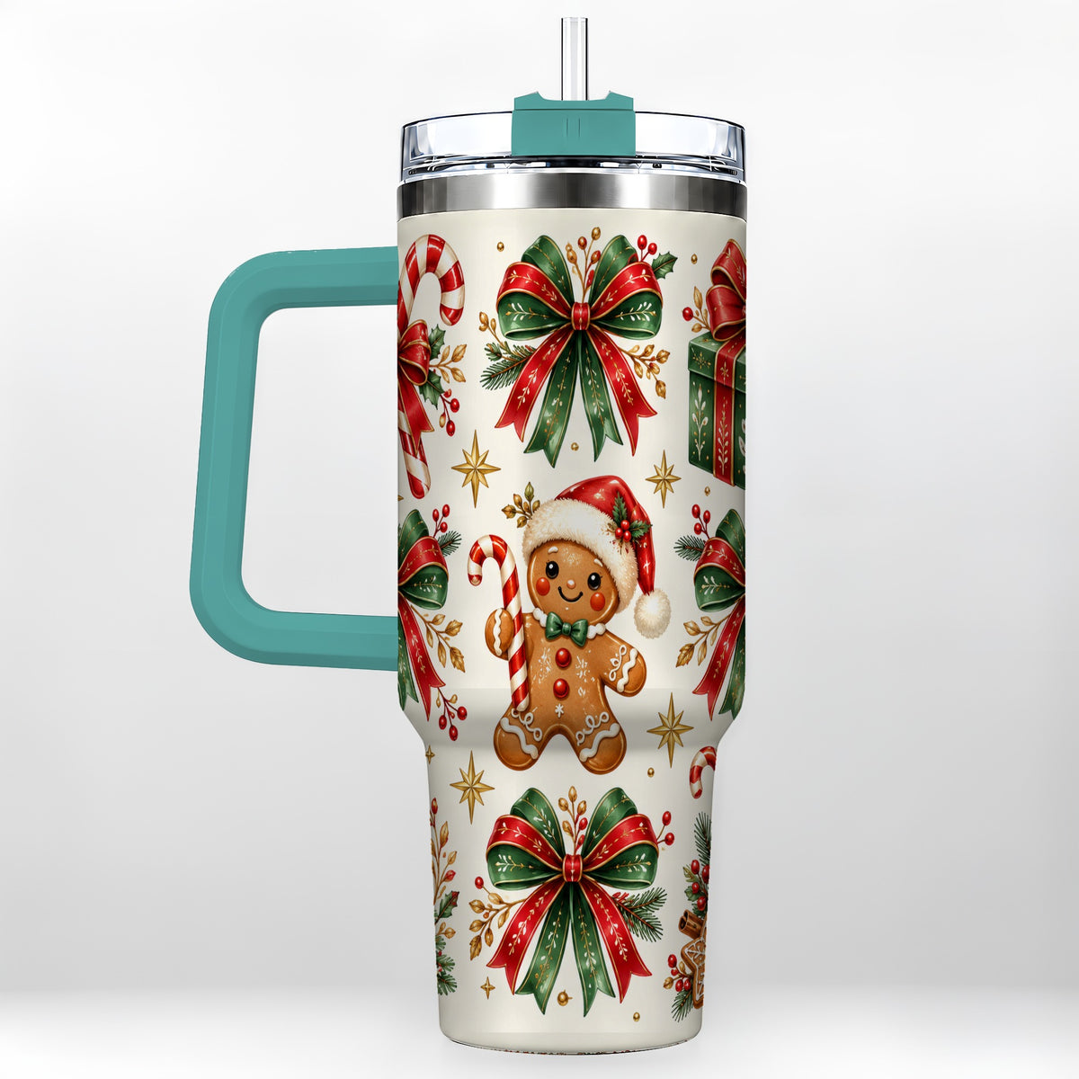 #pl[40oz|Green] Christmas Bow 40oz Tumbler with Handle, Gingerbread Holiday Pattern