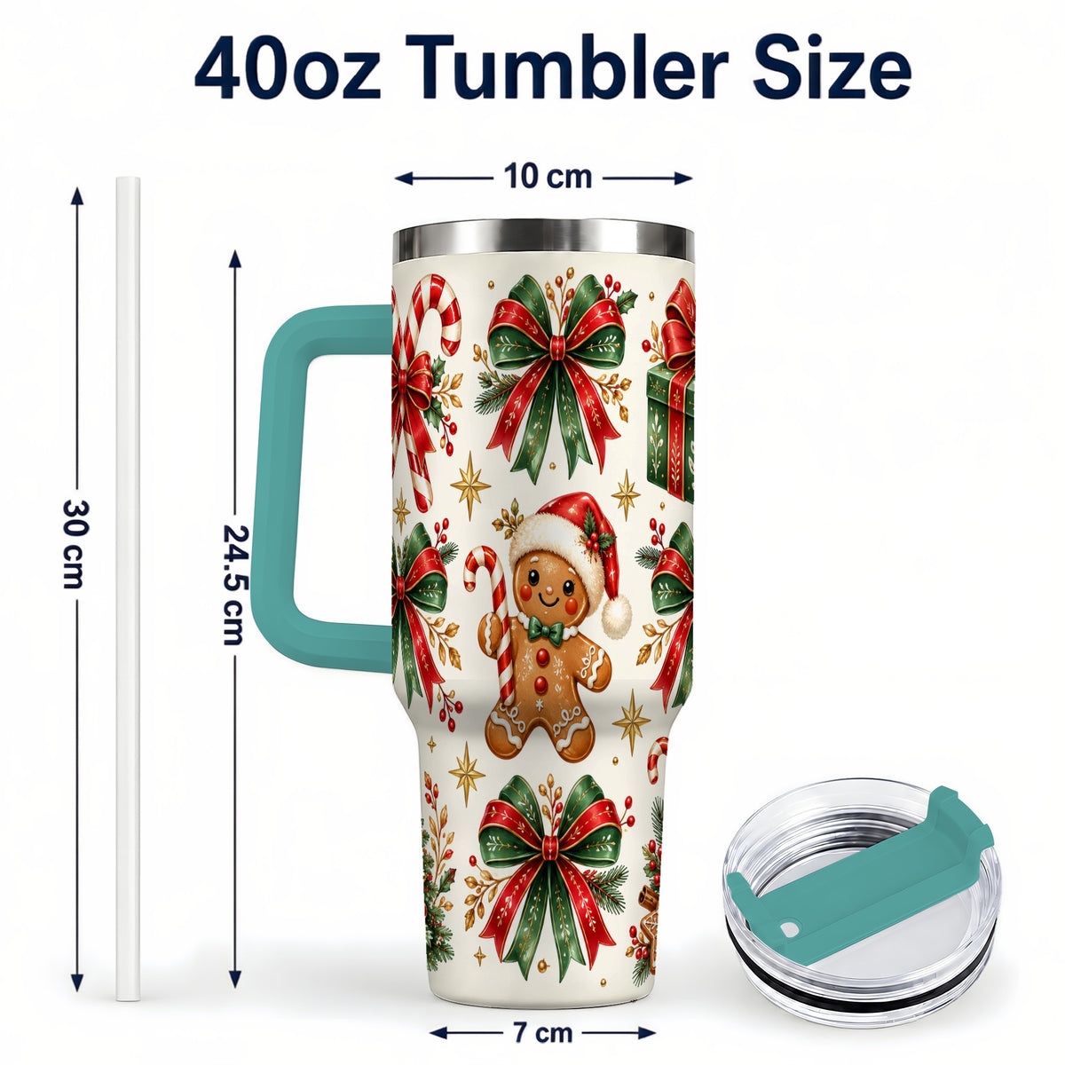 #pl[40oz|Green] Christmas Bow 40oz Tumbler with Handle, Gingerbread Holiday Pattern