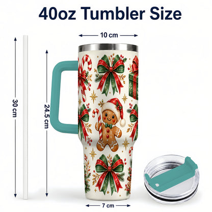 #pl[40oz|Green] Christmas Bow 40oz Tumbler with Handle, Gingerbread Holiday Pattern