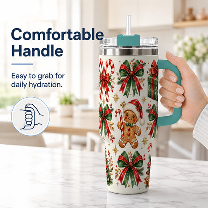 #pl[40oz|Green] Christmas Bow 40oz Tumbler with Handle, Gingerbread Holiday Pattern