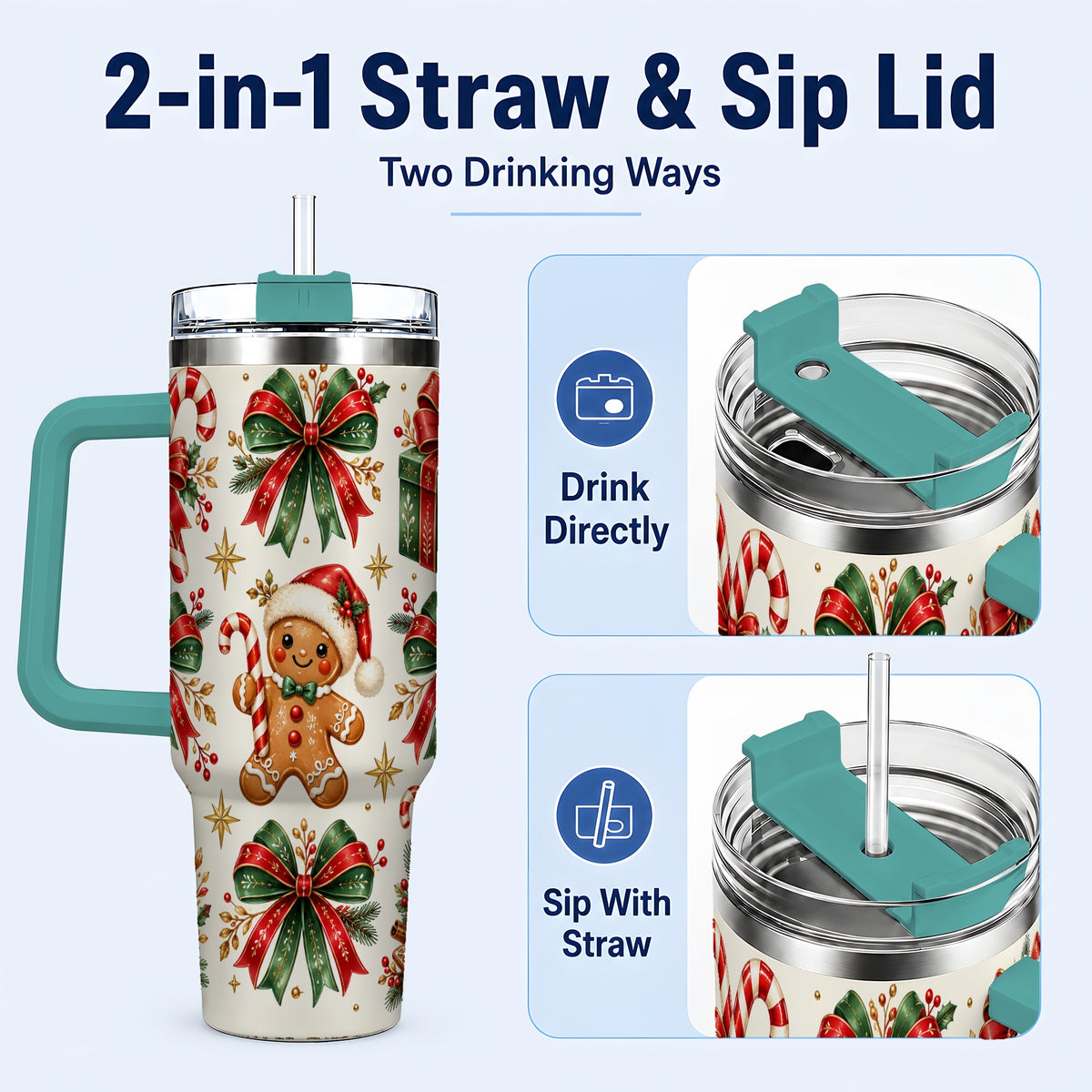 #pl[40oz|Green] Christmas Bow 40oz Tumbler with Handle, Gingerbread Holiday Pattern