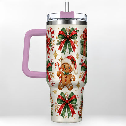 #pl[40oz|Pink] Christmas Bow 40oz Tumbler with Handle, Gingerbread Holiday Pattern