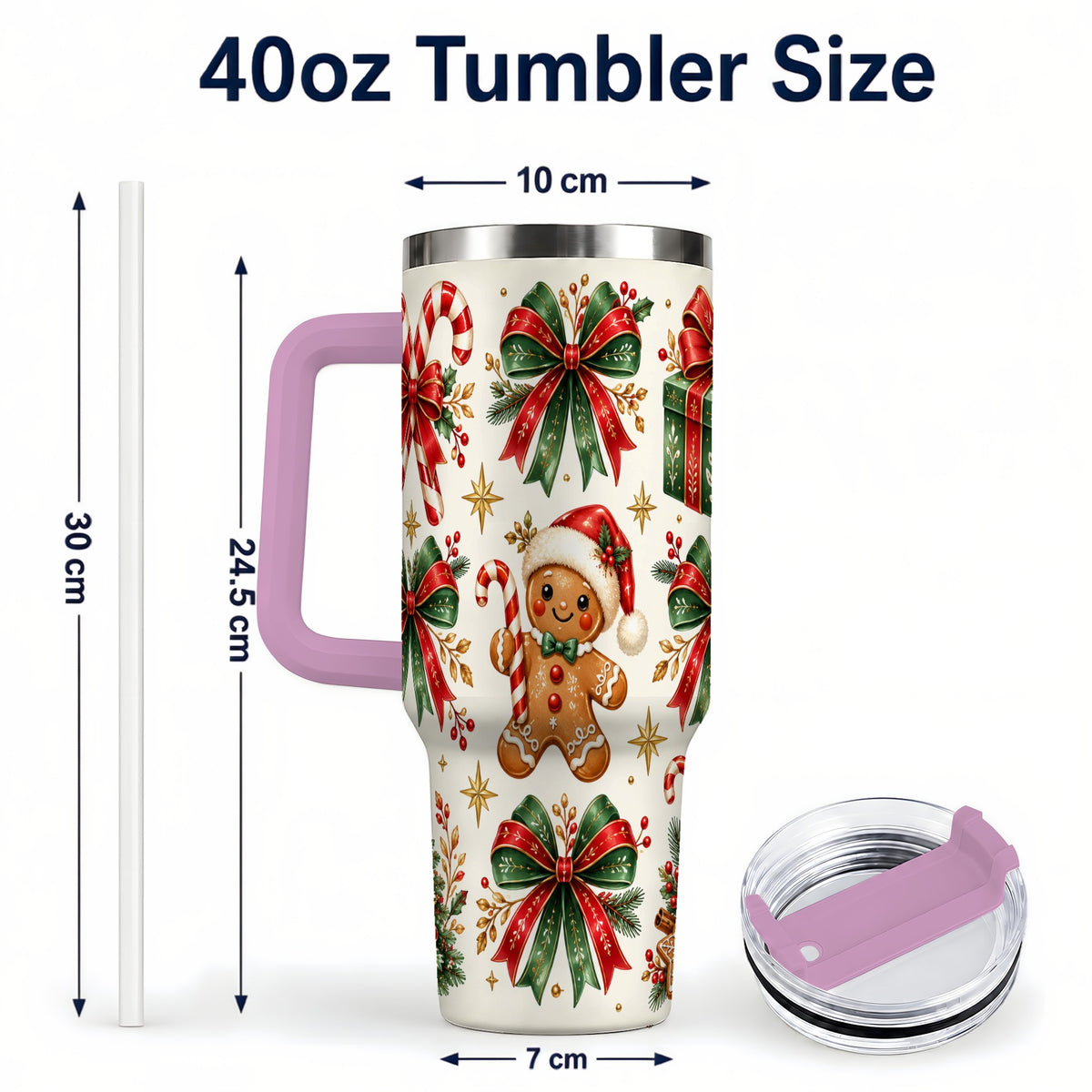#pl[40oz|Pink] Christmas Bow 40oz Tumbler with Handle, Gingerbread Holiday Pattern