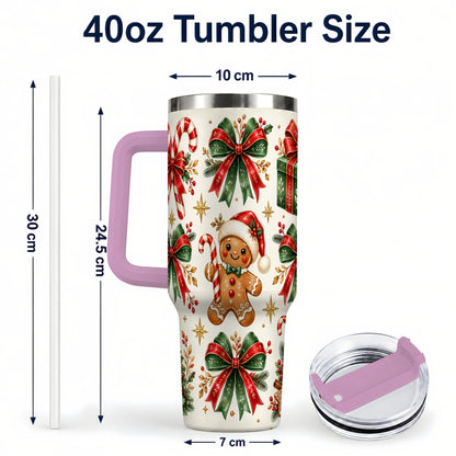 #pl[40oz|Pink] Christmas Bow 40oz Tumbler with Handle, Gingerbread Holiday Pattern
