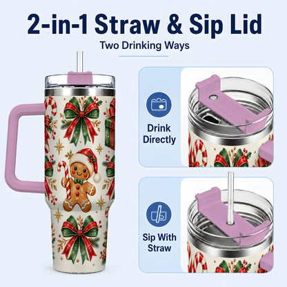 #pl[40oz|Pink] Christmas Bow 40oz Tumbler with Handle, Gingerbread Holiday Pattern