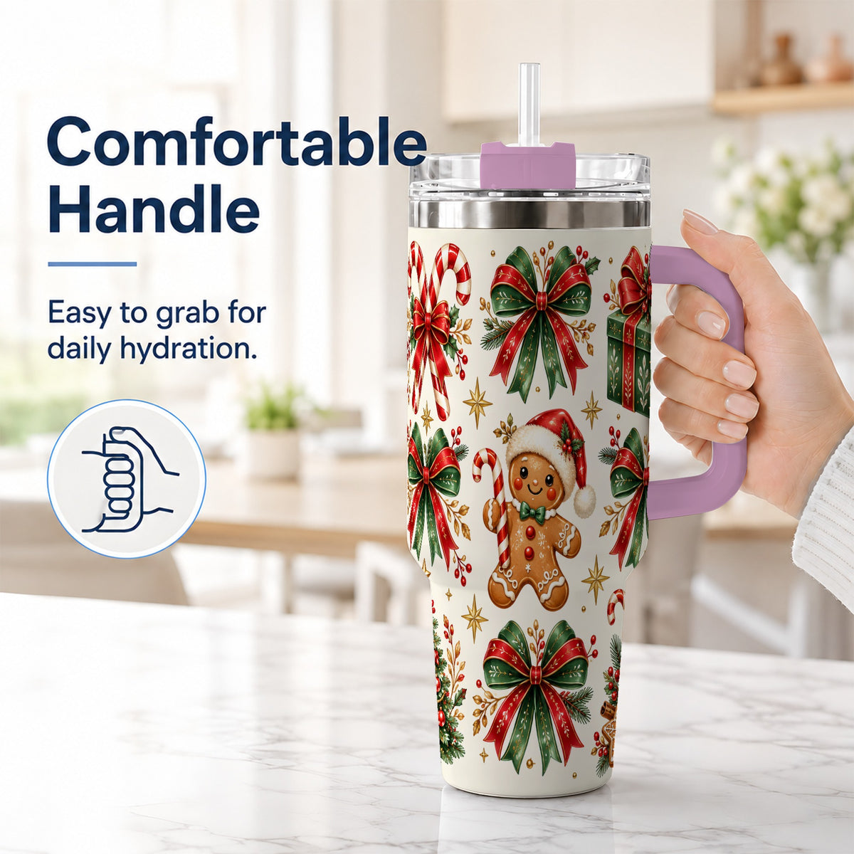 #pl[40oz|Pink] Christmas Bow 40oz Tumbler with Handle, Gingerbread Holiday Pattern