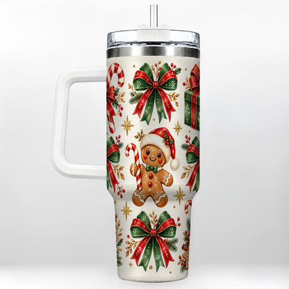 Christmas Bow 40oz Tumbler with Handle, Gingerbread Holiday Pattern
