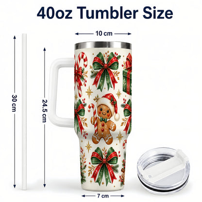 #pl[40oz|White] Christmas Bow 40oz Tumbler with Handle, Gingerbread Holiday Pattern