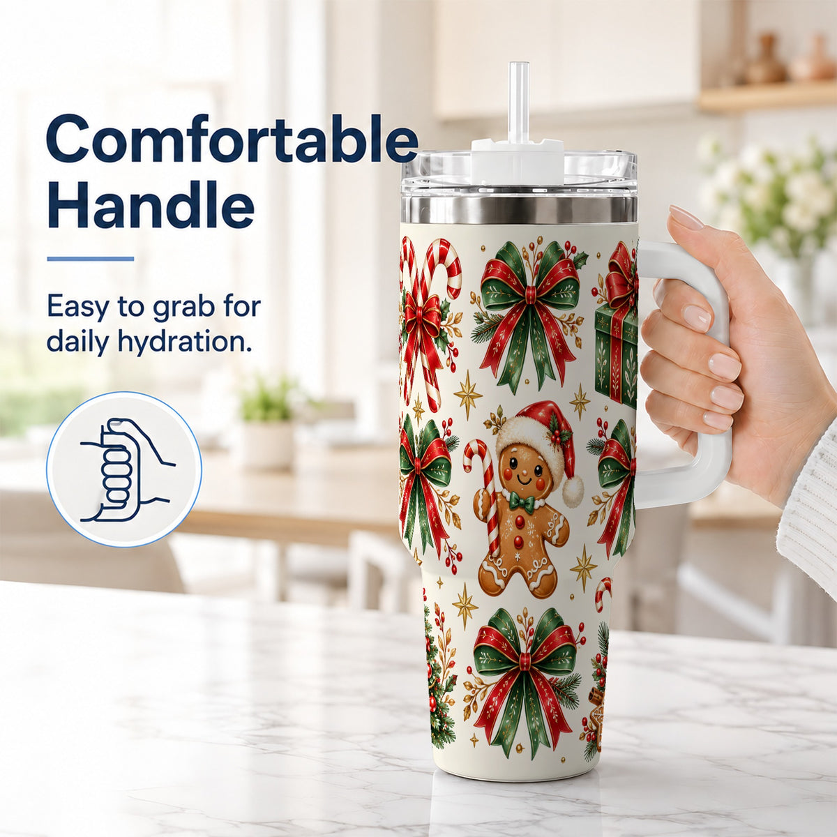 #pl[40oz|White] Christmas Bow 40oz Tumbler with Handle, Gingerbread Holiday Pattern