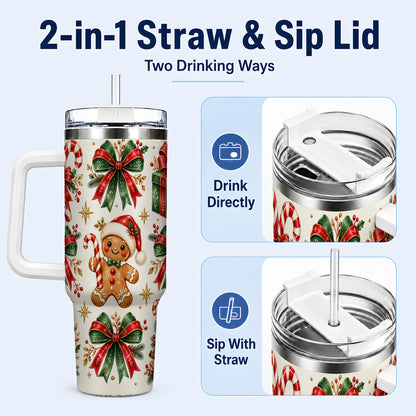 #pl[40oz|White] Christmas Bow 40oz Tumbler with Handle, Gingerbread Holiday Pattern