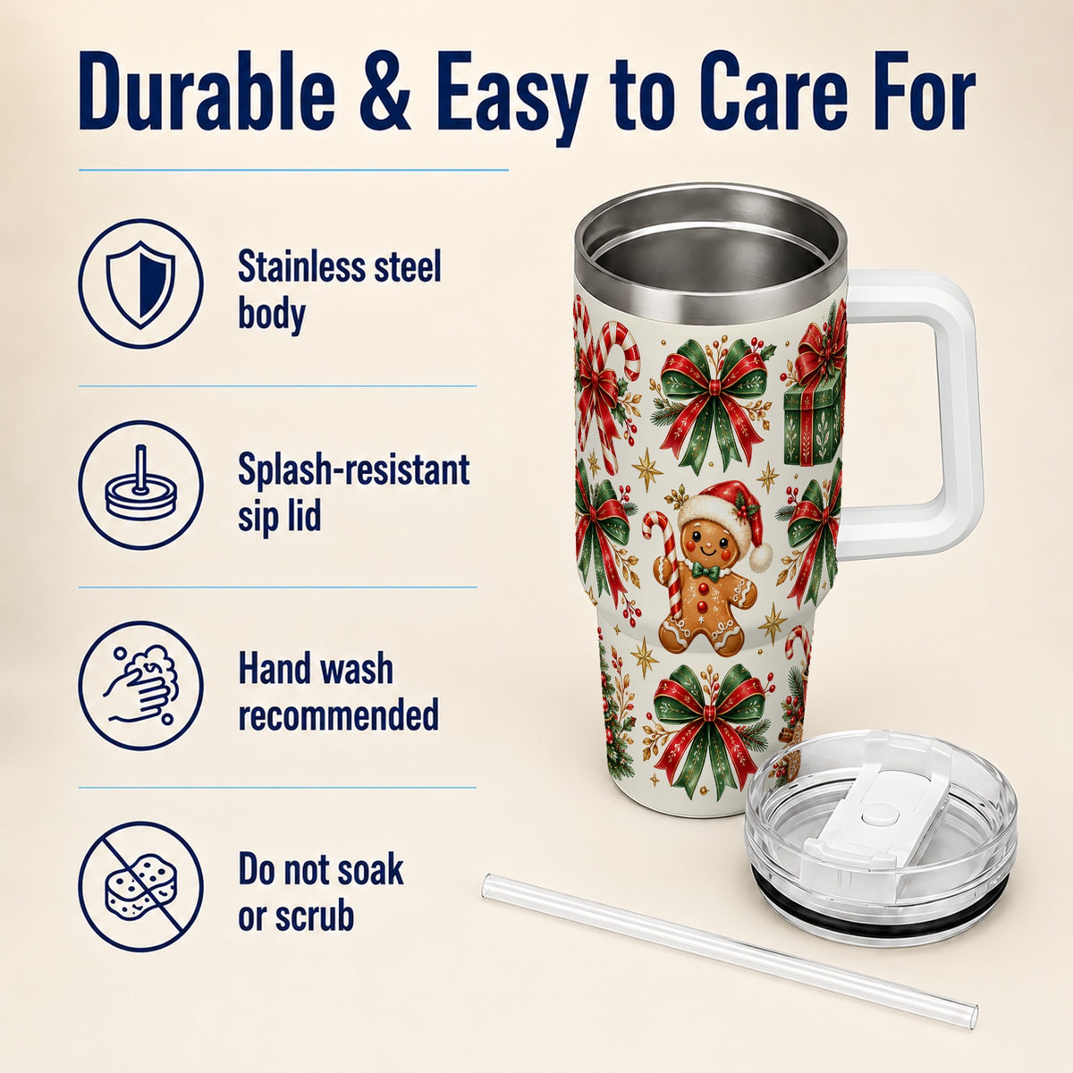 Christmas Bow 40oz Tumbler with Handle, Gingerbread Holiday Pattern