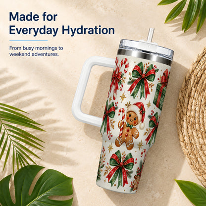 Christmas Bow 40oz Tumbler with Handle, Gingerbread Holiday Pattern