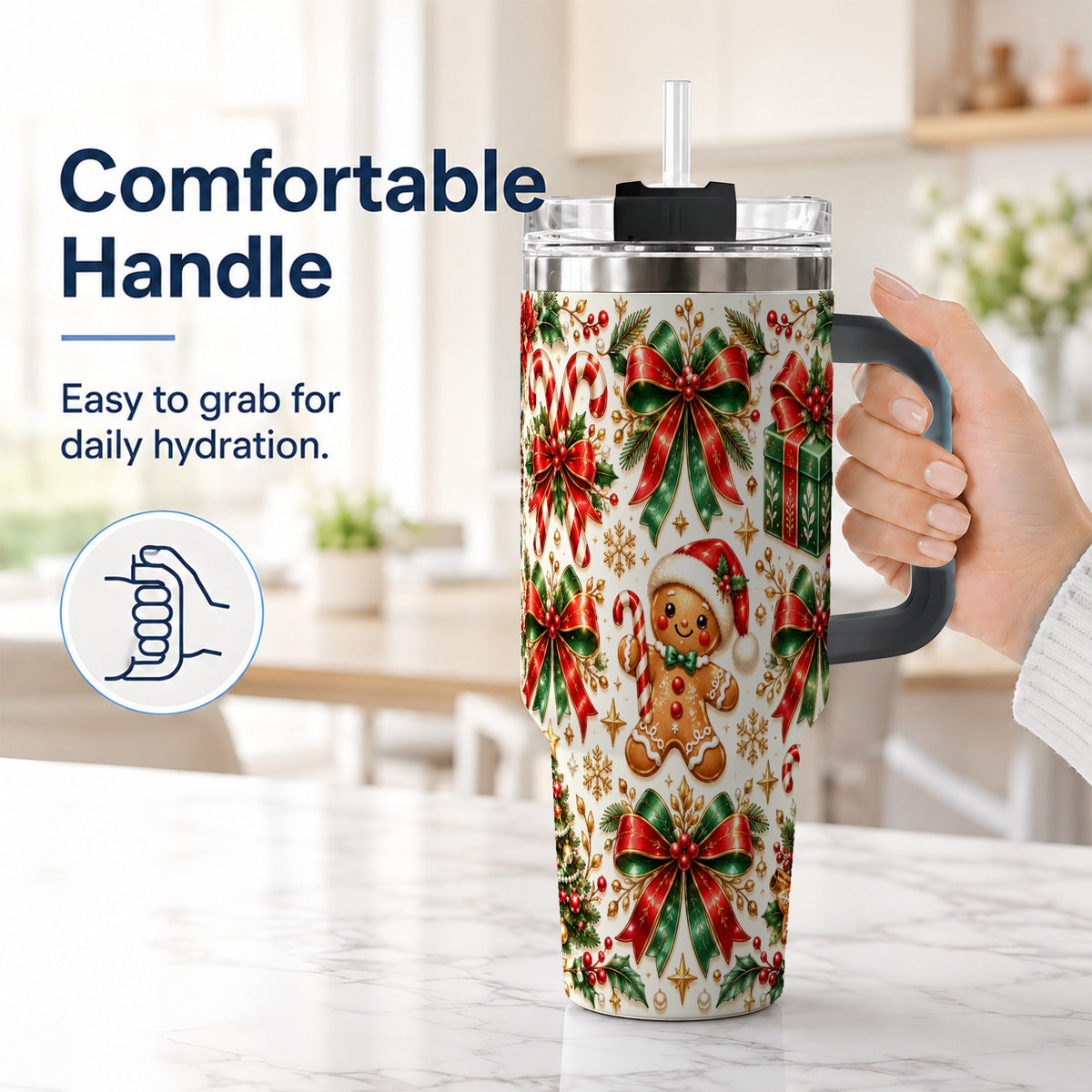 #pl[40oz|Black] Christmas Bows 40oz Tumbler with Handle, Holiday Ribbon Drinkware