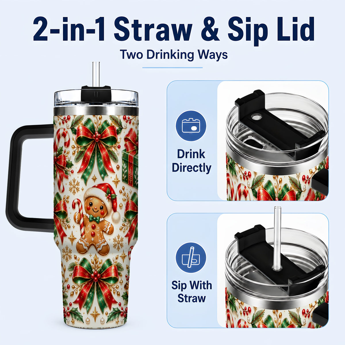 #pl[40oz|Black] Christmas Bows 40oz Tumbler with Handle, Holiday Ribbon Drinkware