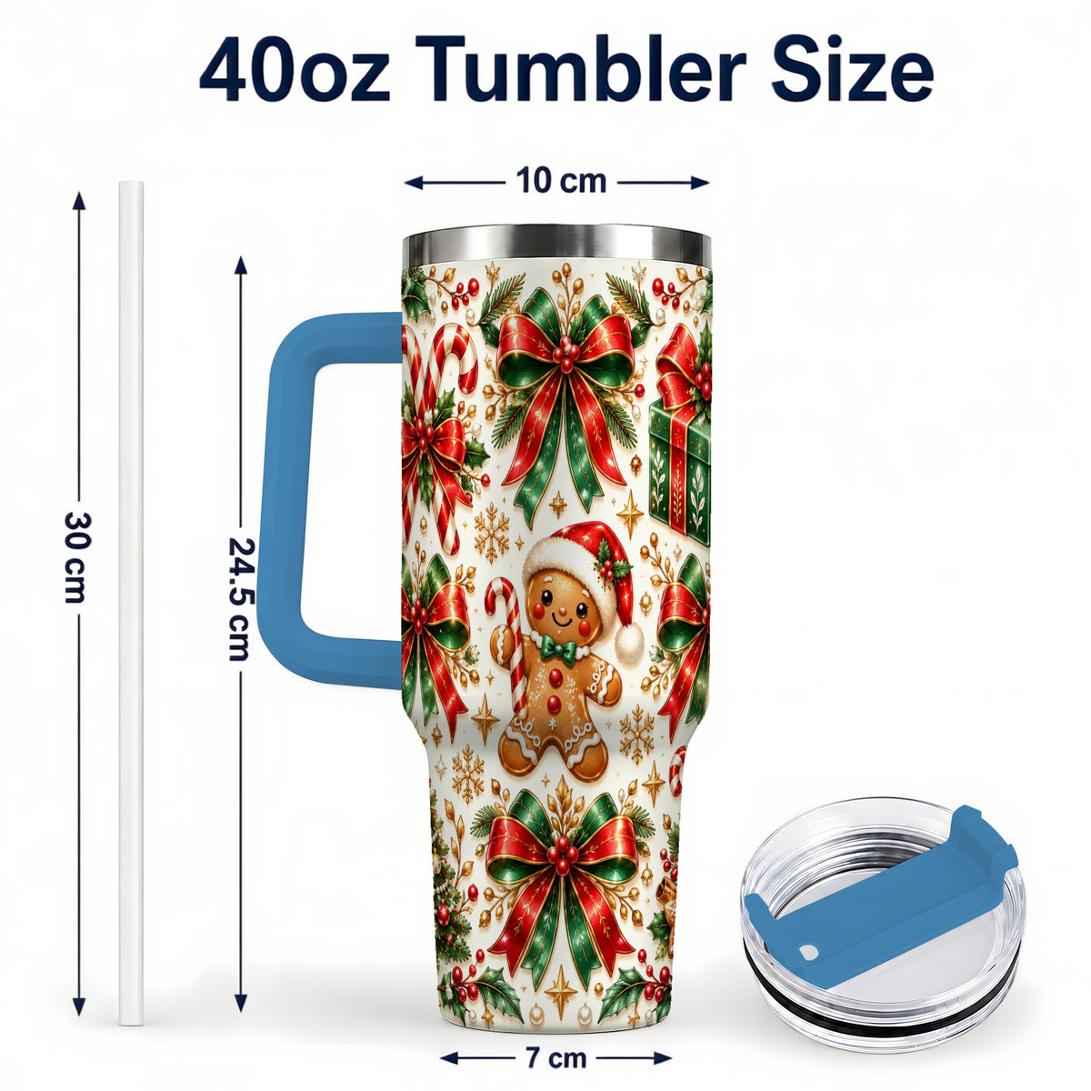 #pl[40oz|Blue] Christmas Bows 40oz Tumbler with Handle, Holiday Ribbon Drinkware