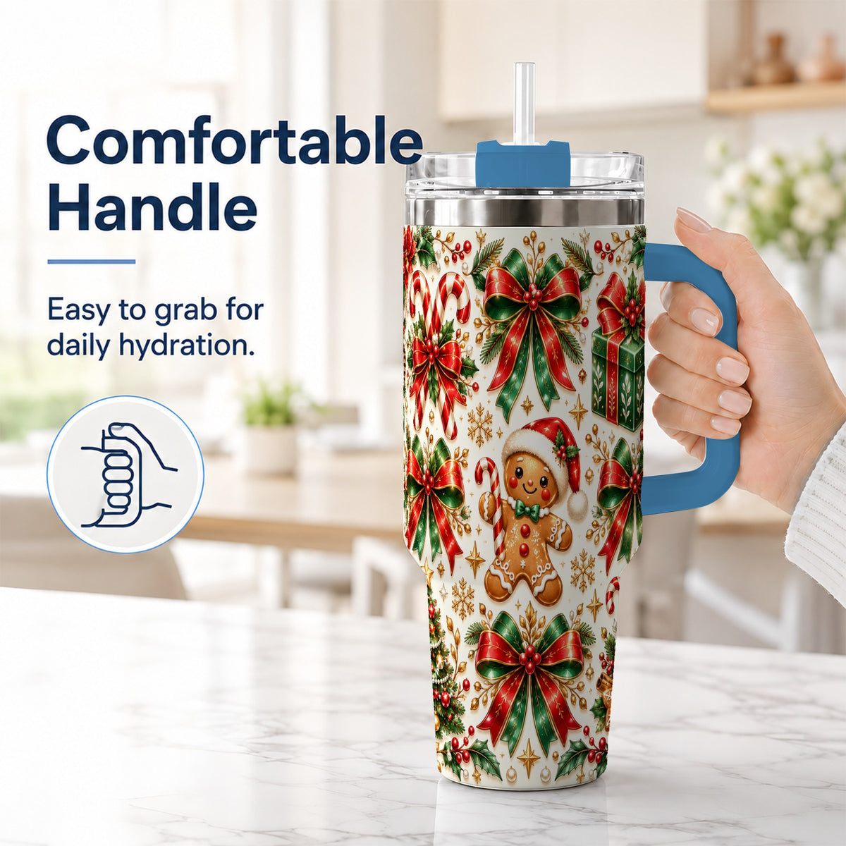 #pl[40oz|Blue] Christmas Bows 40oz Tumbler with Handle, Holiday Ribbon Drinkware
