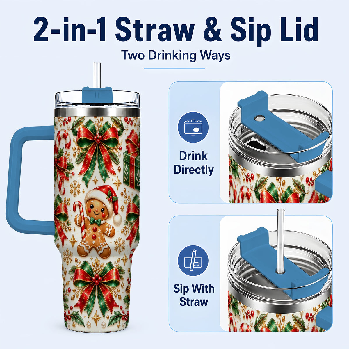 #pl[40oz|Blue] Christmas Bows 40oz Tumbler with Handle, Holiday Ribbon Drinkware