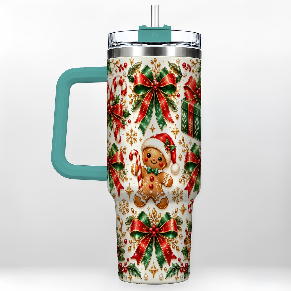 #pl[40oz|Green] Christmas Bows 40oz Tumbler with Handle, Holiday Ribbon Drinkware