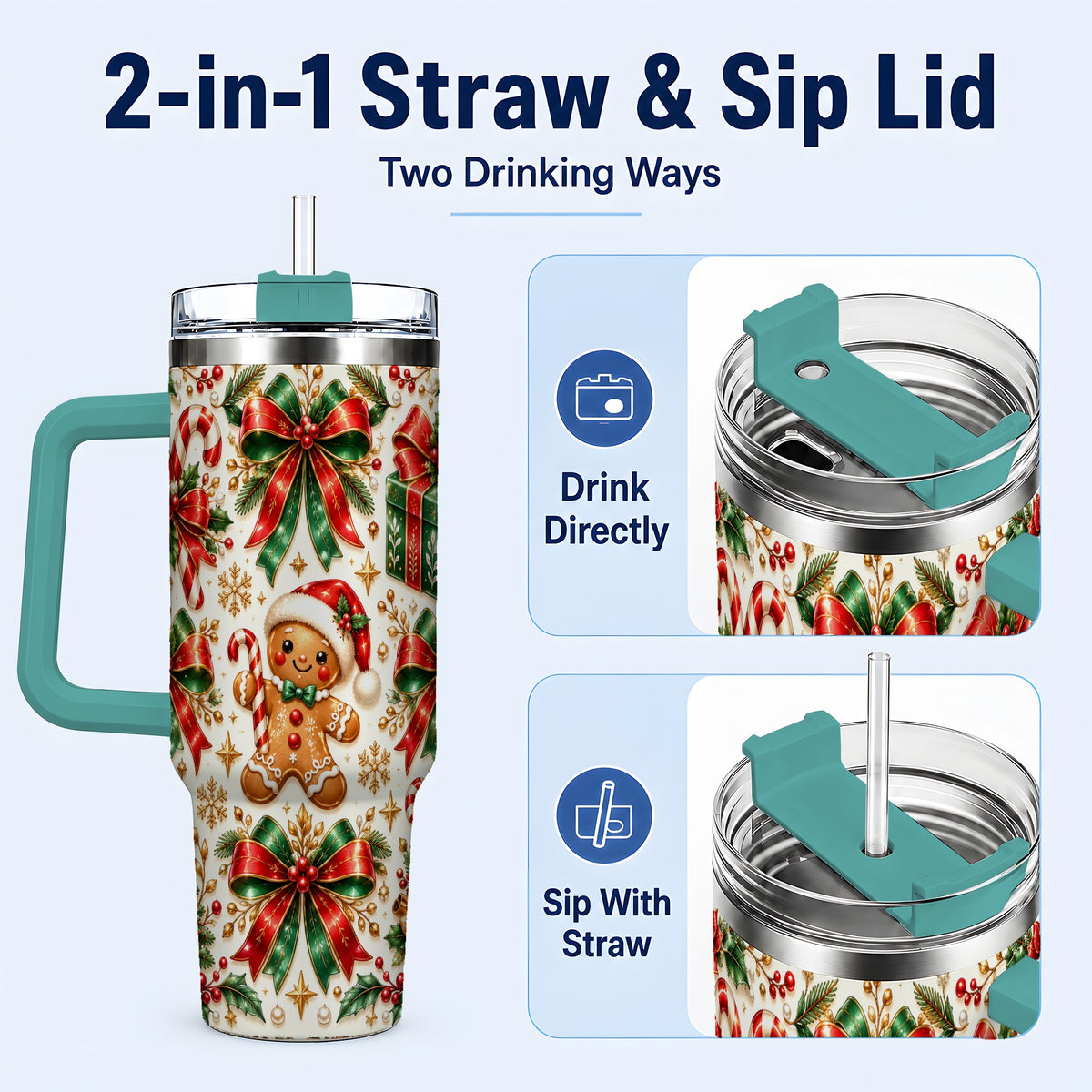 #pl[40oz|Green] Christmas Bows 40oz Tumbler with Handle, Holiday Ribbon Drinkware