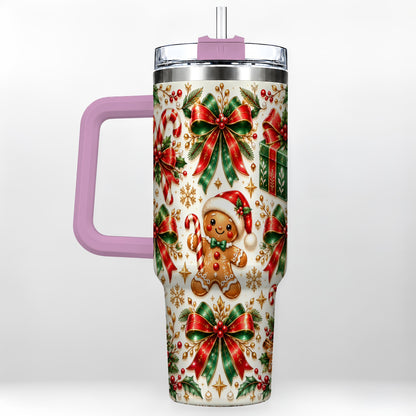 #pl[40oz|Pink] Christmas Bows 40oz Tumbler with Handle, Holiday Ribbon Drinkware