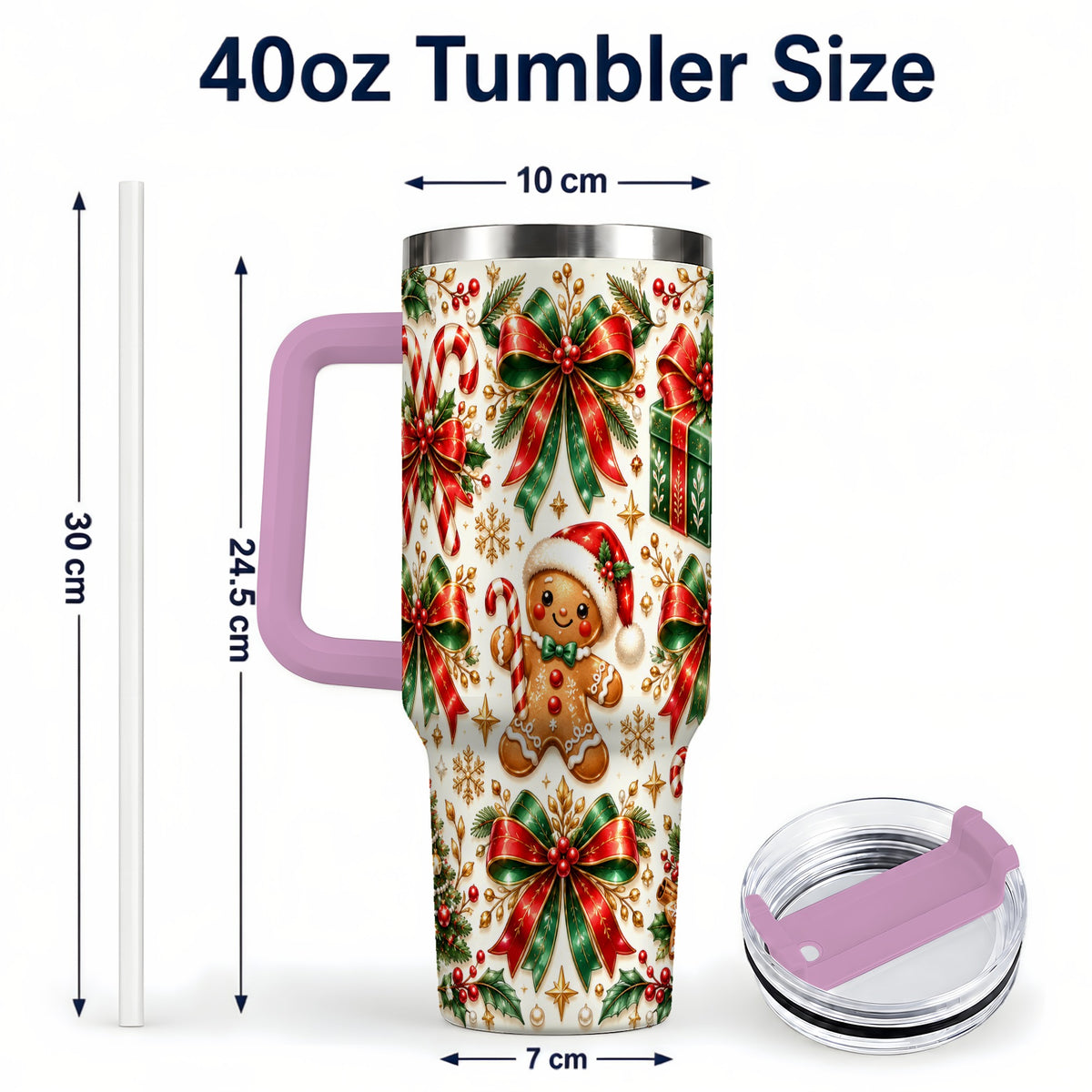 #pl[40oz|Pink] Christmas Bows 40oz Tumbler with Handle, Holiday Ribbon Drinkware
