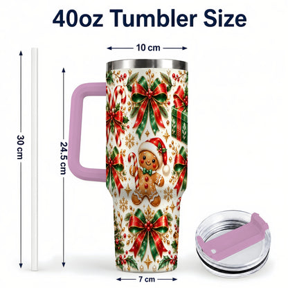 #pl[40oz|Pink] Christmas Bows 40oz Tumbler with Handle, Holiday Ribbon Drinkware