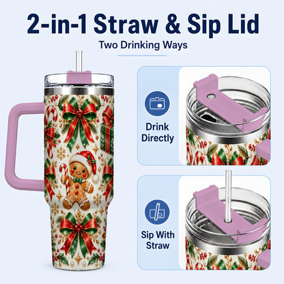 #pl[40oz|Pink] Christmas Bows 40oz Tumbler with Handle, Holiday Ribbon Drinkware
