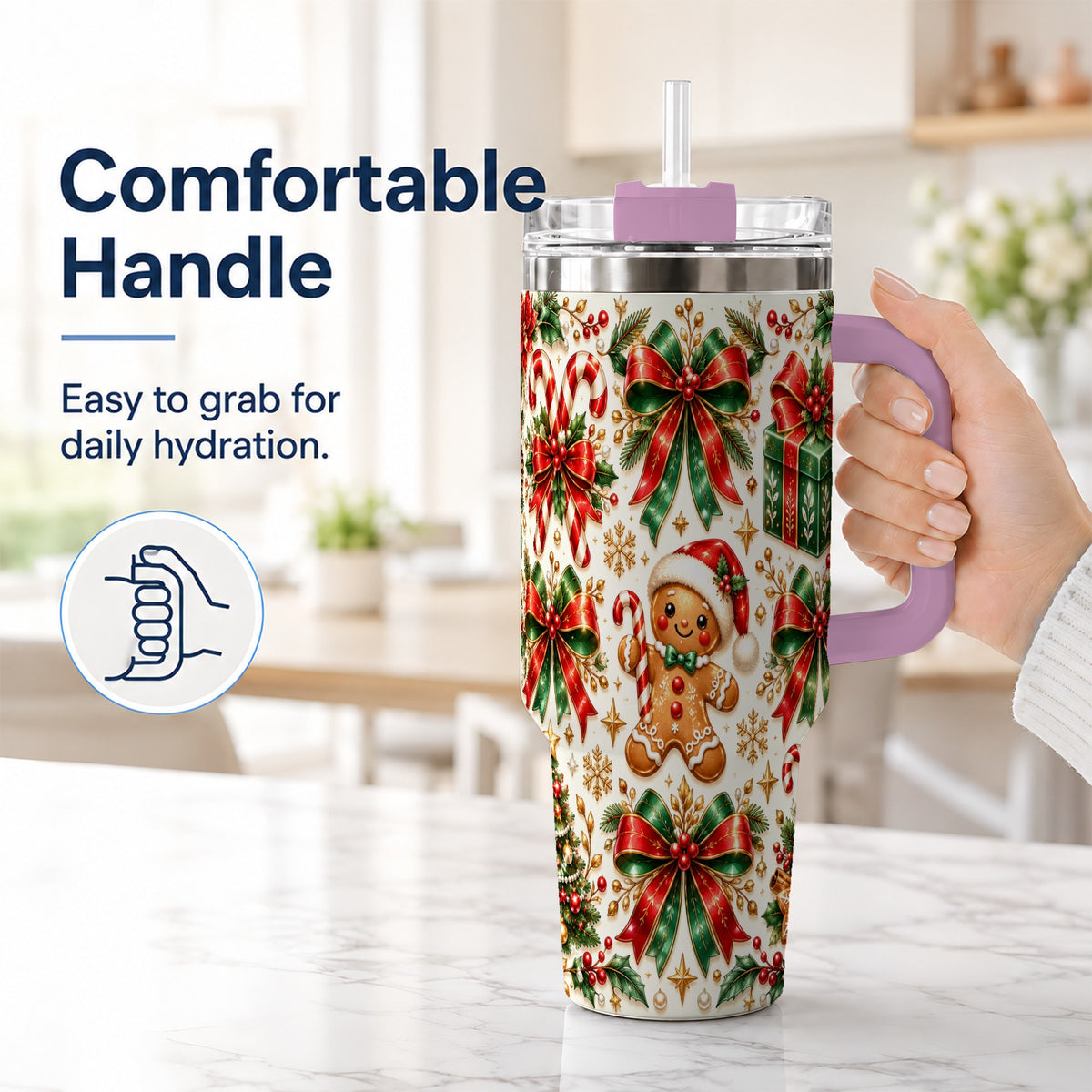 #pl[40oz|Pink] Christmas Bows 40oz Tumbler with Handle, Holiday Ribbon Drinkware