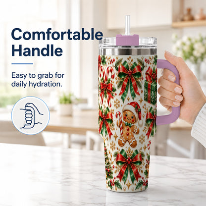 #pl[40oz|Pink] Christmas Bows 40oz Tumbler with Handle, Holiday Ribbon Drinkware