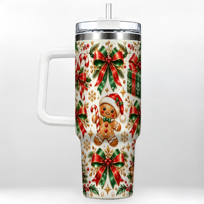 Christmas Bows 40oz Tumbler with Handle, Holiday Ribbon Drinkware
