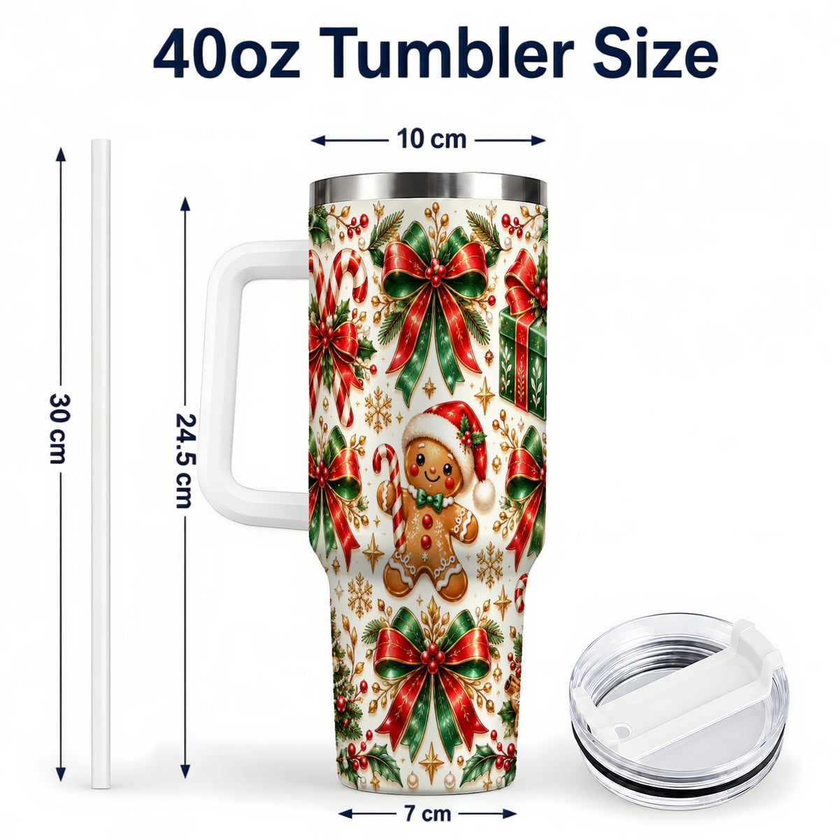 #pl[40oz|White] Christmas Bows 40oz Tumbler with Handle, Holiday Ribbon Drinkware