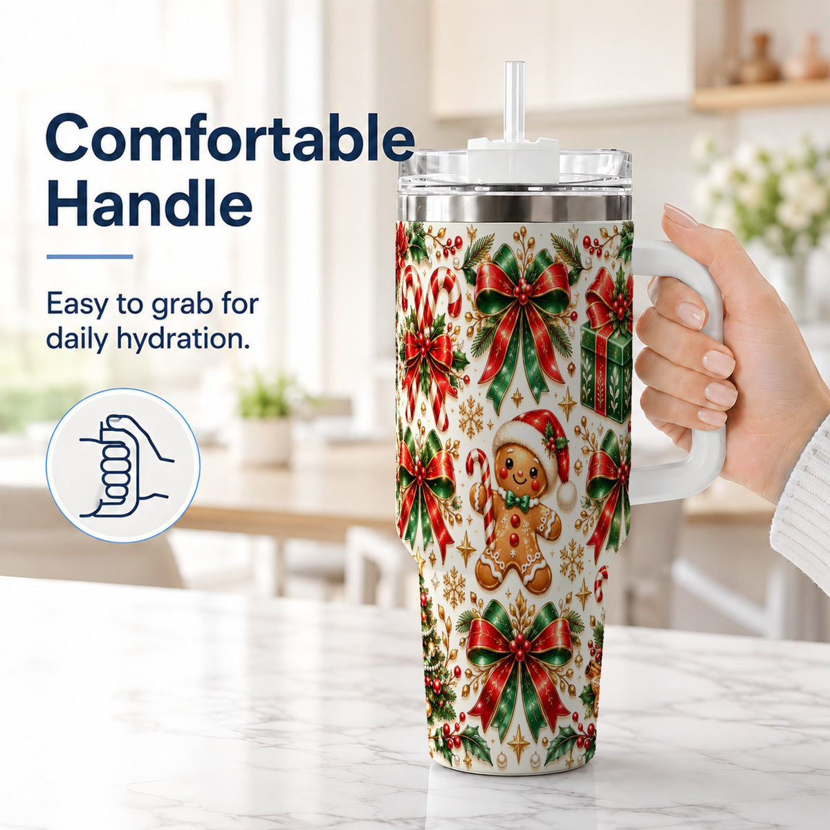 #pl[40oz|White] Christmas Bows 40oz Tumbler with Handle, Holiday Ribbon Drinkware