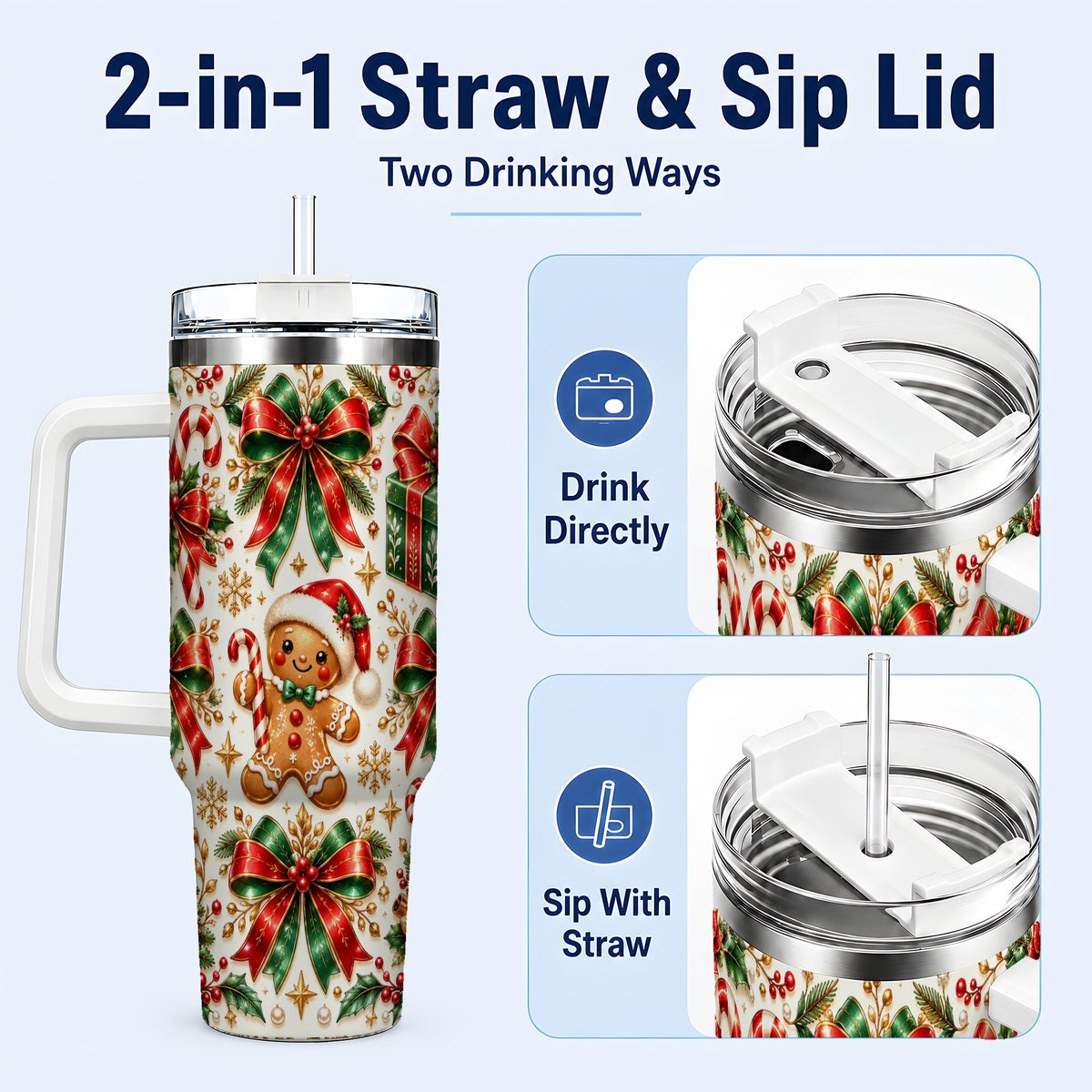 #pl[40oz|White] Christmas Bows 40oz Tumbler with Handle, Holiday Ribbon Drinkware