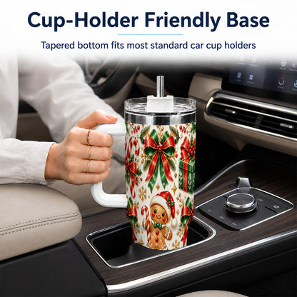 Christmas Bows 40oz Tumbler with Handle, Holiday Ribbon Drinkware