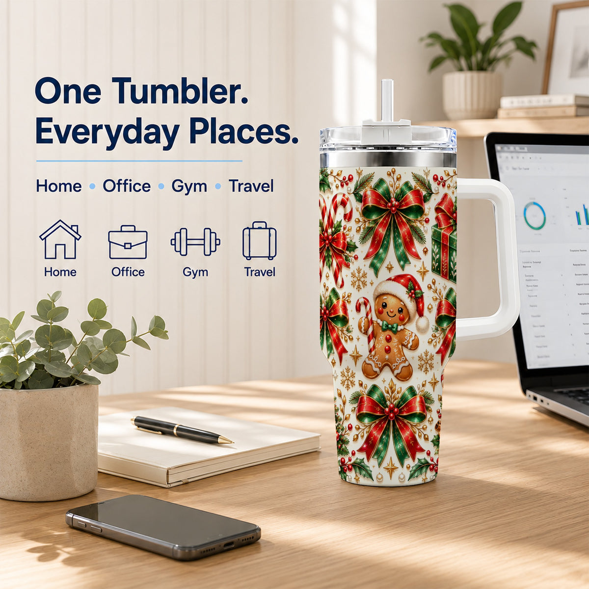 Christmas Bows 40oz Tumbler with Handle, Holiday Ribbon Drinkware