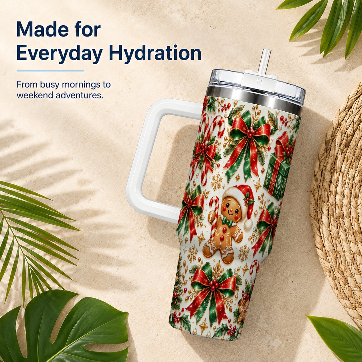 Christmas Bows 40oz Tumbler with Handle, Holiday Ribbon Drinkware