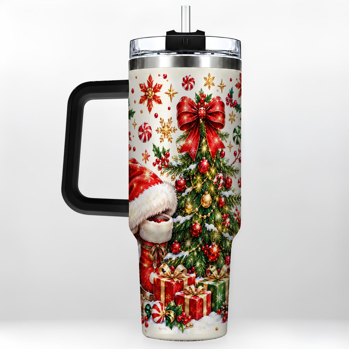 #pl[40oz|Black] Christmas Tree 40oz Tumbler with Handle, Santa Boots Holiday Design
