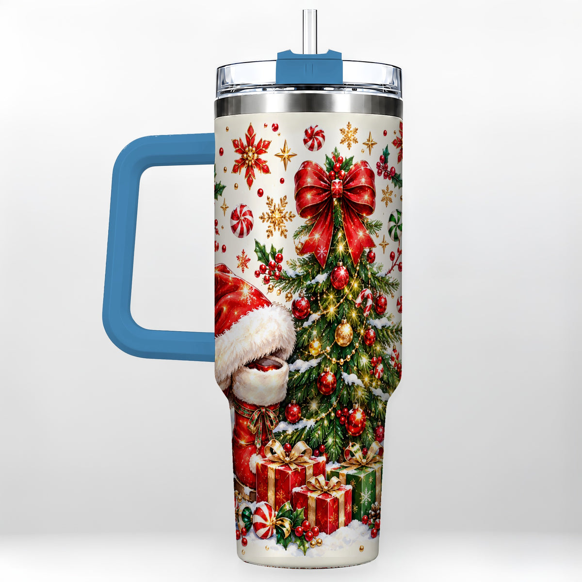 #pl[40oz|Blue] Christmas Tree 40oz Tumbler with Handle, Santa Boots Holiday Design