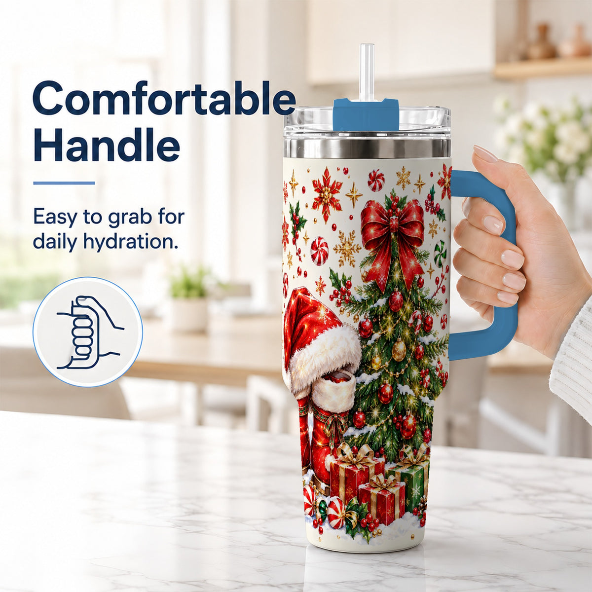 #pl[40oz|Blue] Christmas Tree 40oz Tumbler with Handle, Santa Boots Holiday Design