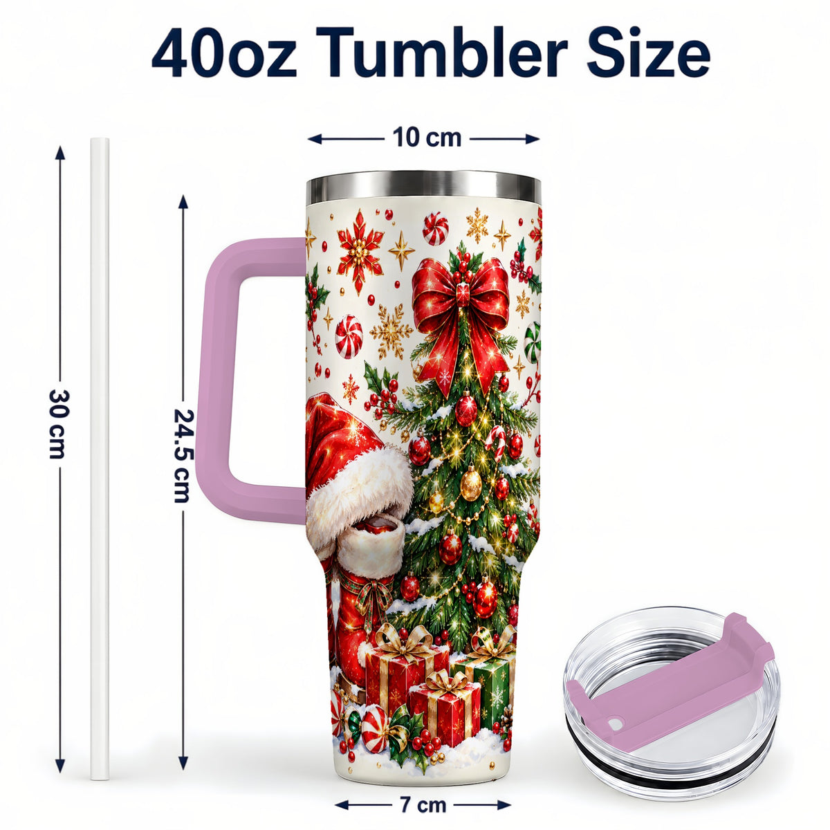 #pl[40oz|Pink] Christmas Tree 40oz Tumbler with Handle, Santa Boots Holiday Design