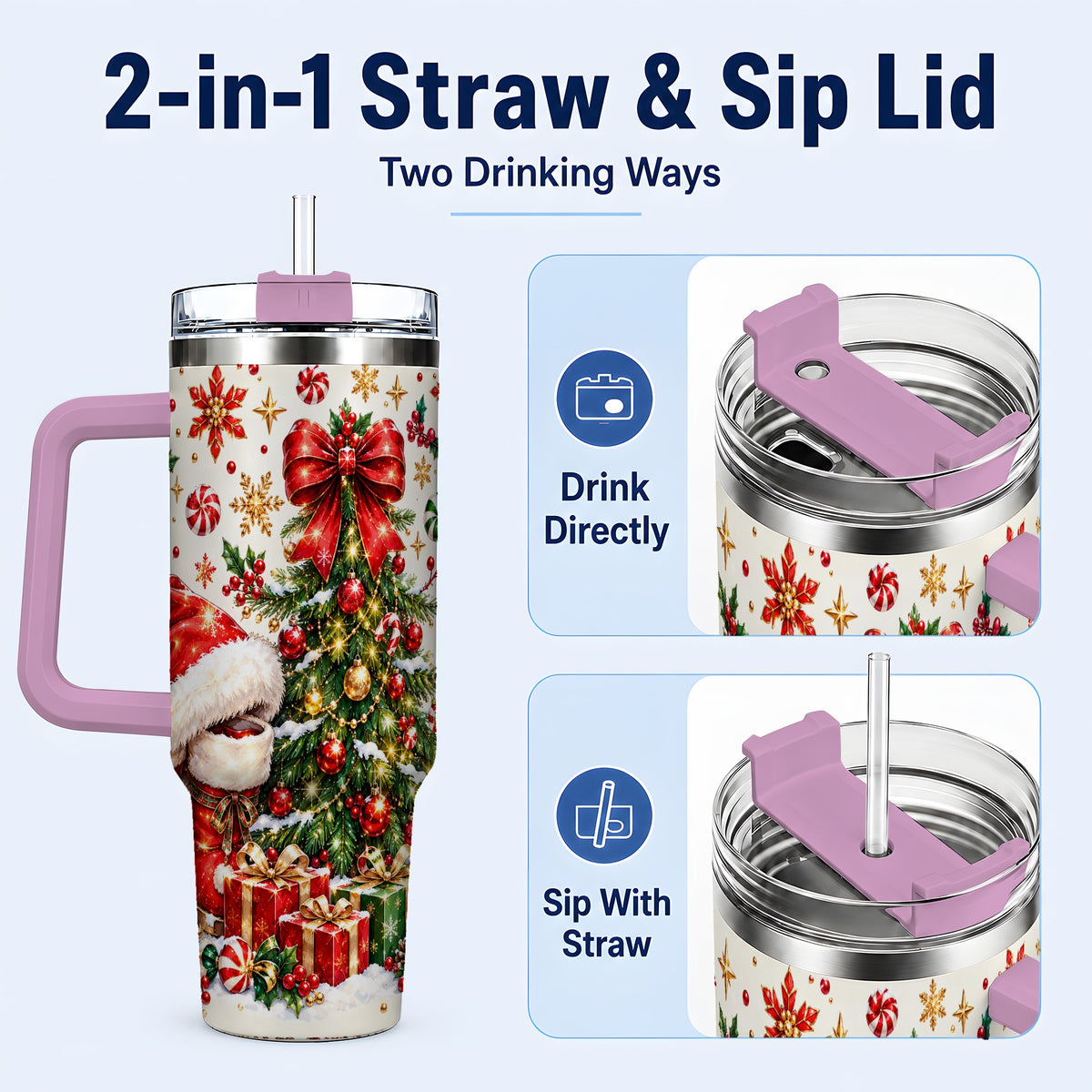 #pl[40oz|Pink] Christmas Tree 40oz Tumbler with Handle, Santa Boots Holiday Design