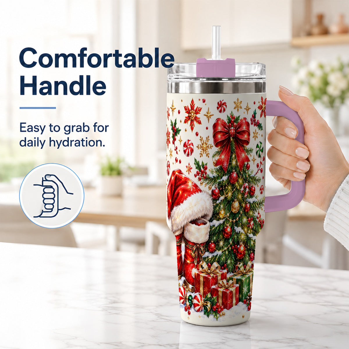 #pl[40oz|Pink] Christmas Tree 40oz Tumbler with Handle, Santa Boots Holiday Design