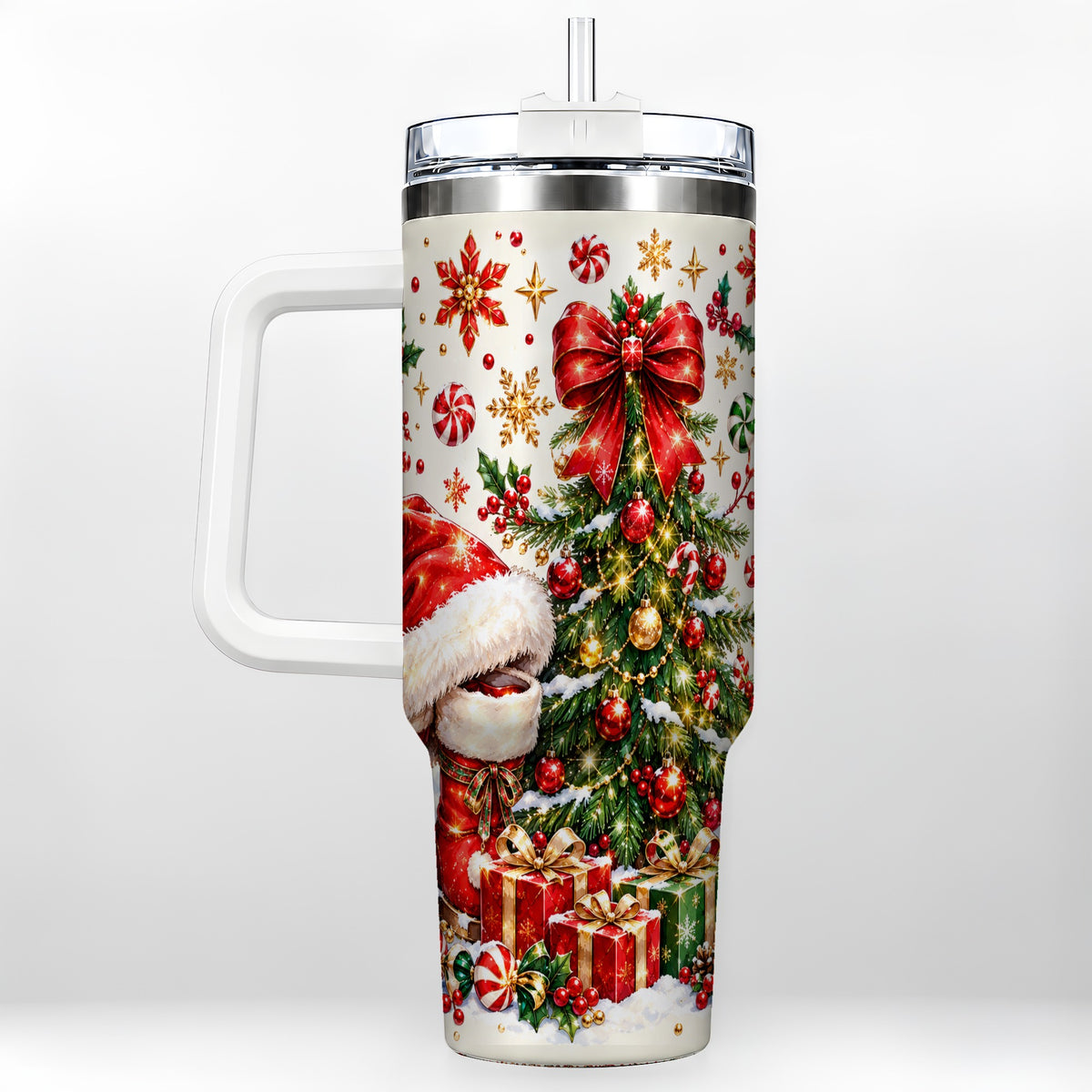 Christmas Tree 40oz Tumbler with Handle, Santa Boots Holiday Design