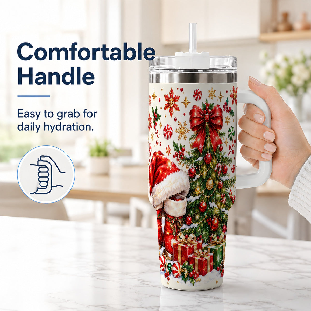 #pl[40oz|White] Christmas Tree 40oz Tumbler with Handle, Santa Boots Holiday Design