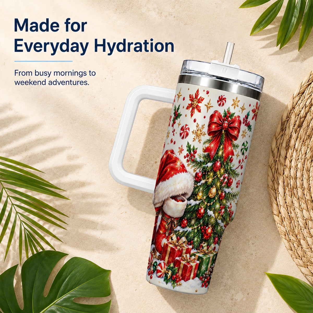 Christmas Tree 40oz Tumbler with Handle, Santa Boots Holiday Design